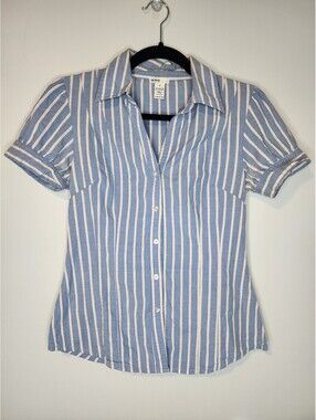 Active Basic Women's Blue and White Striped Button-Up Shirt Size S